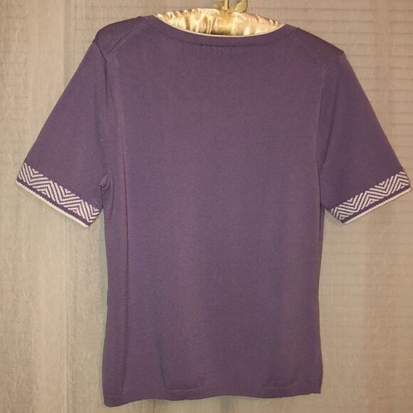 Ann Taylor L Lavender White Knit Short Sleeve Pullover Top Embroidered Sleeves - Picture 6 of 13